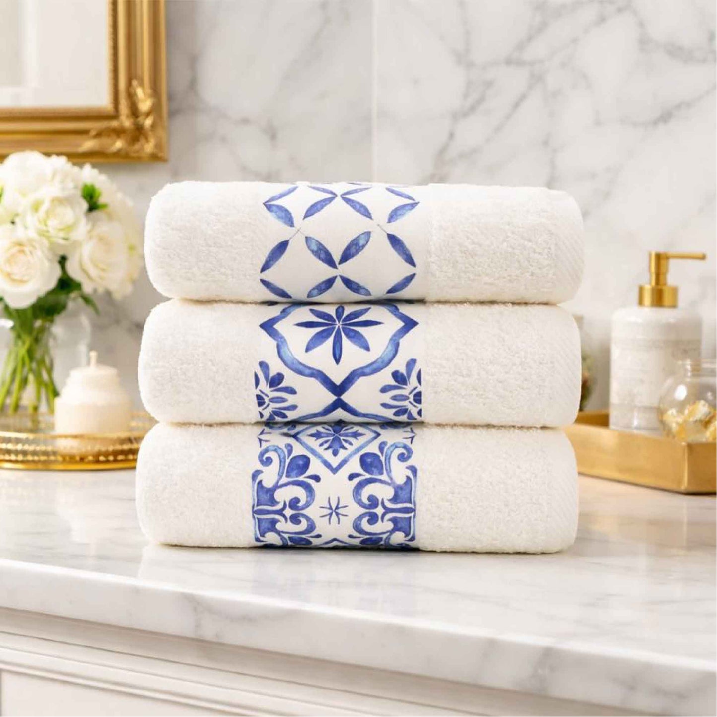 Blue Tile Design 2 - Towel Set 3 Pieces