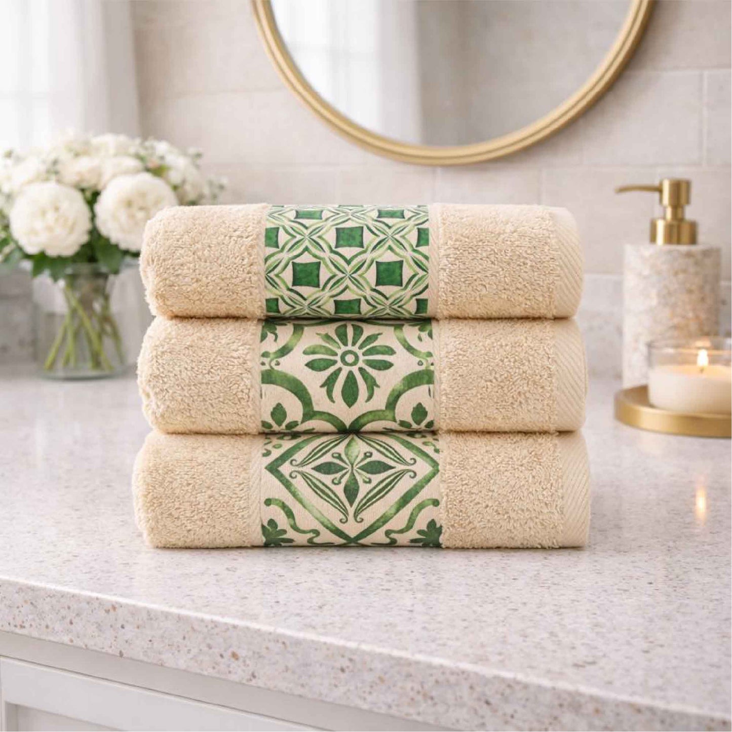 Green Tile Design 1 - Towel Set 3 Pieces